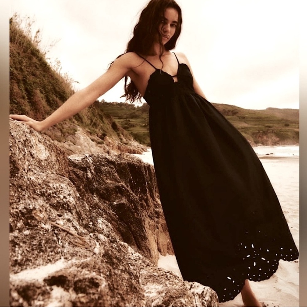 Zara Black Spaghetti-Strap Maxi Dress with Scalloped Bodice